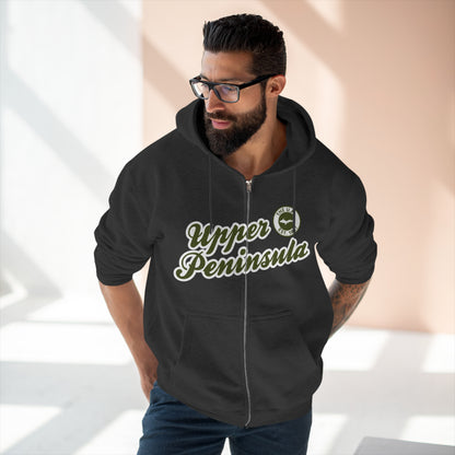 'Upper Peninsula EST 1837' Hoodie (Army Green Script Font) | Unisex Full Zip