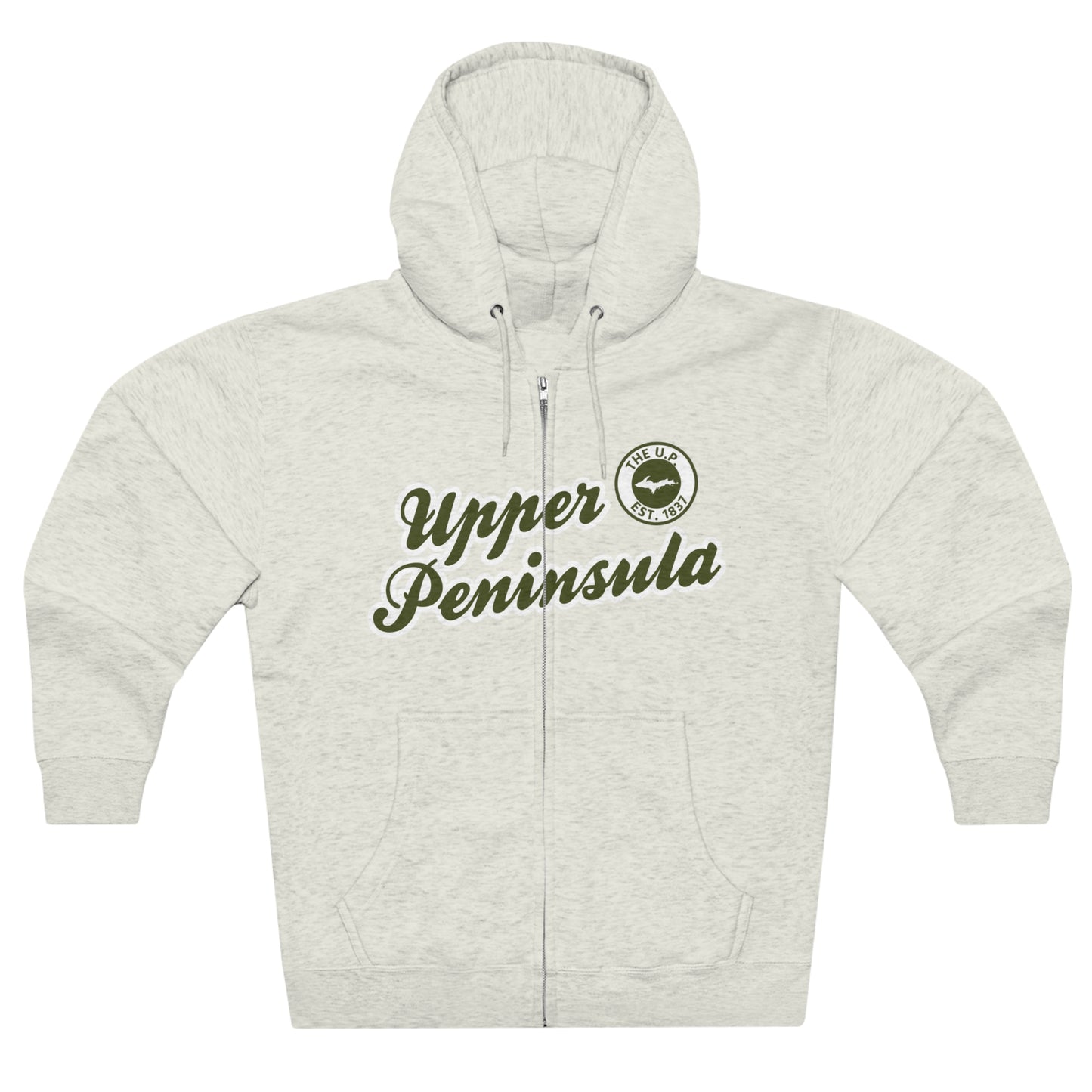 'Upper Peninsula EST 1837' Hoodie (Army Green Script Font) | Unisex Full Zip