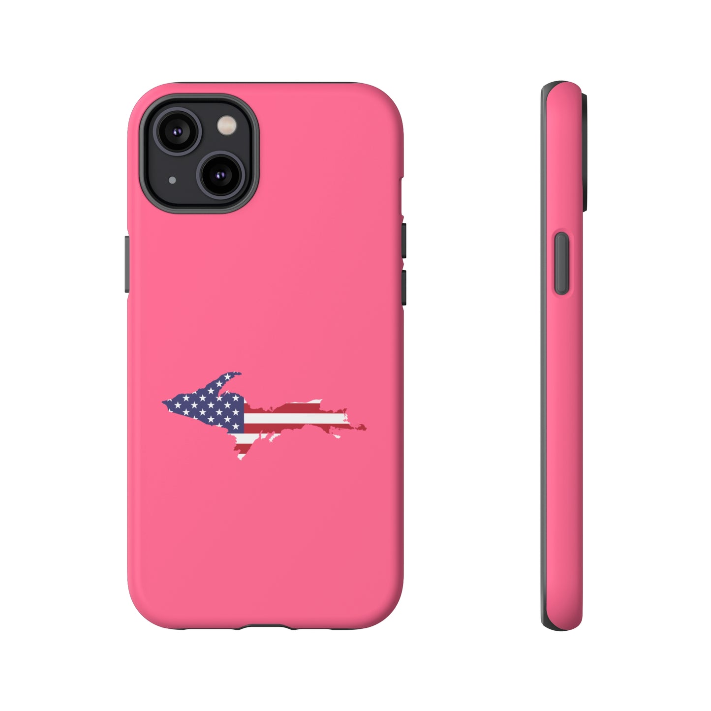 Michigan Upper Peninsula Tough Phone Case (Rhodochrosite Pink w/ UP USA Flag Outline) | Apple iPhone