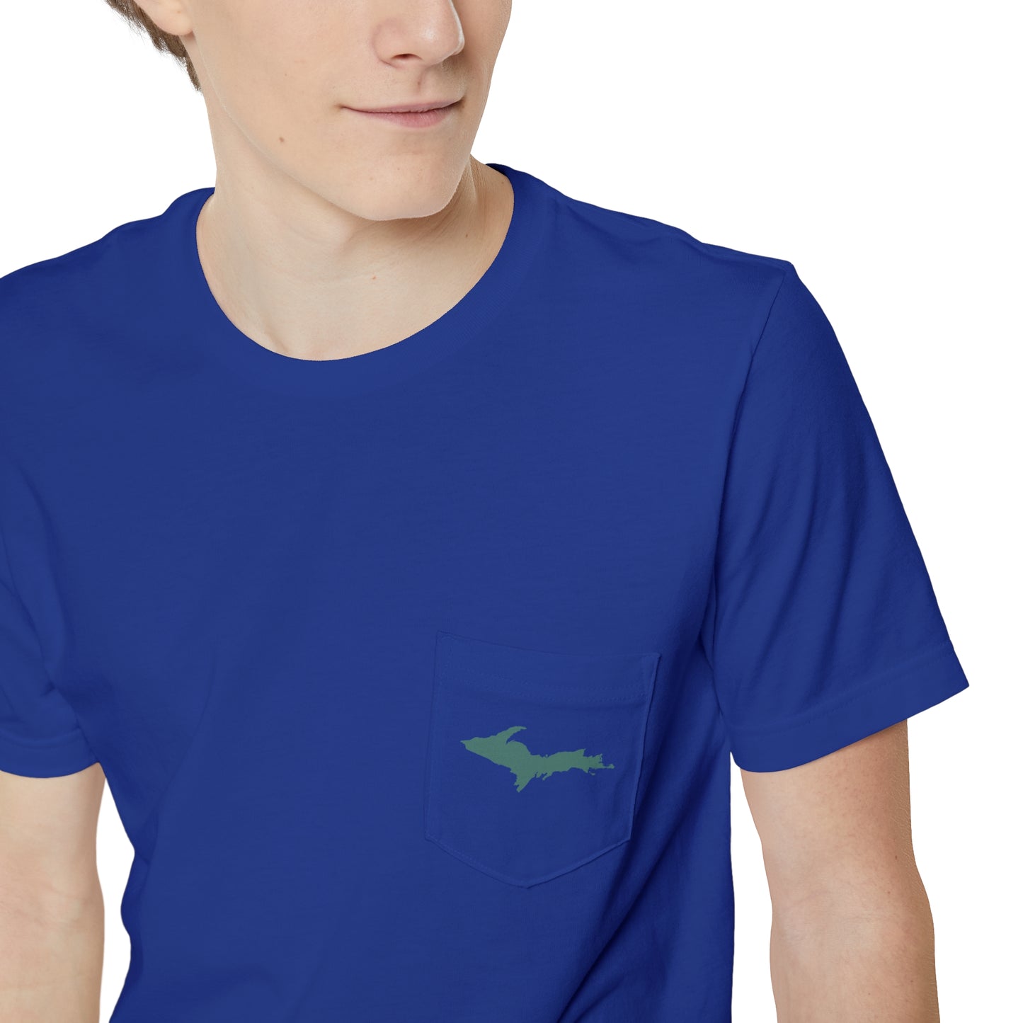 Michigan Upper Peninsula Pocket T-Shirt (w/ Copper Green UP Outline) | Unisex Standard