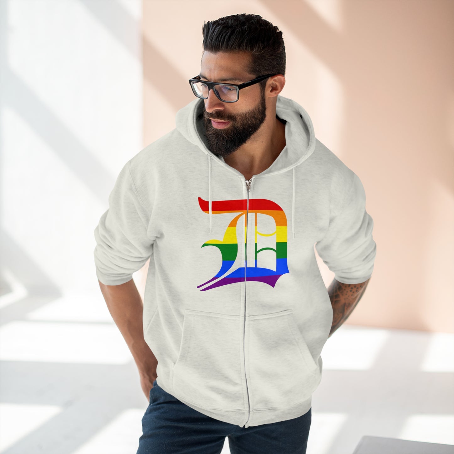 Detroit 'Old English D' Hoodie (Full-Body Rainbow Pride Edition) | Unisex Full Zip