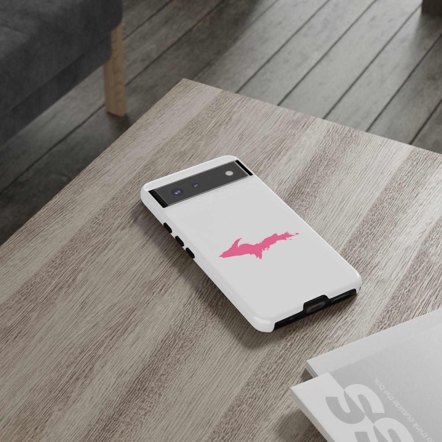 Michigan Upper Peninsula Tough Phone Case (Birch Bark White w/ Pink UP Outline) | Samsung & Pixel Android