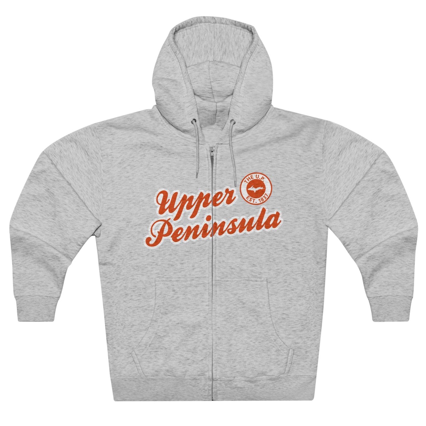 Upper Peninsula EST 1837' Hoodie (Maple Leaf Orange Script Font) | Unisex Full Zip