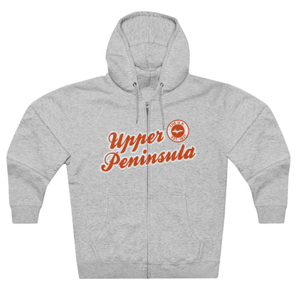 Upper Peninsula EST 1837' Hoodie (Maple Leaf Orange Script Font) | Unisex Full Zip