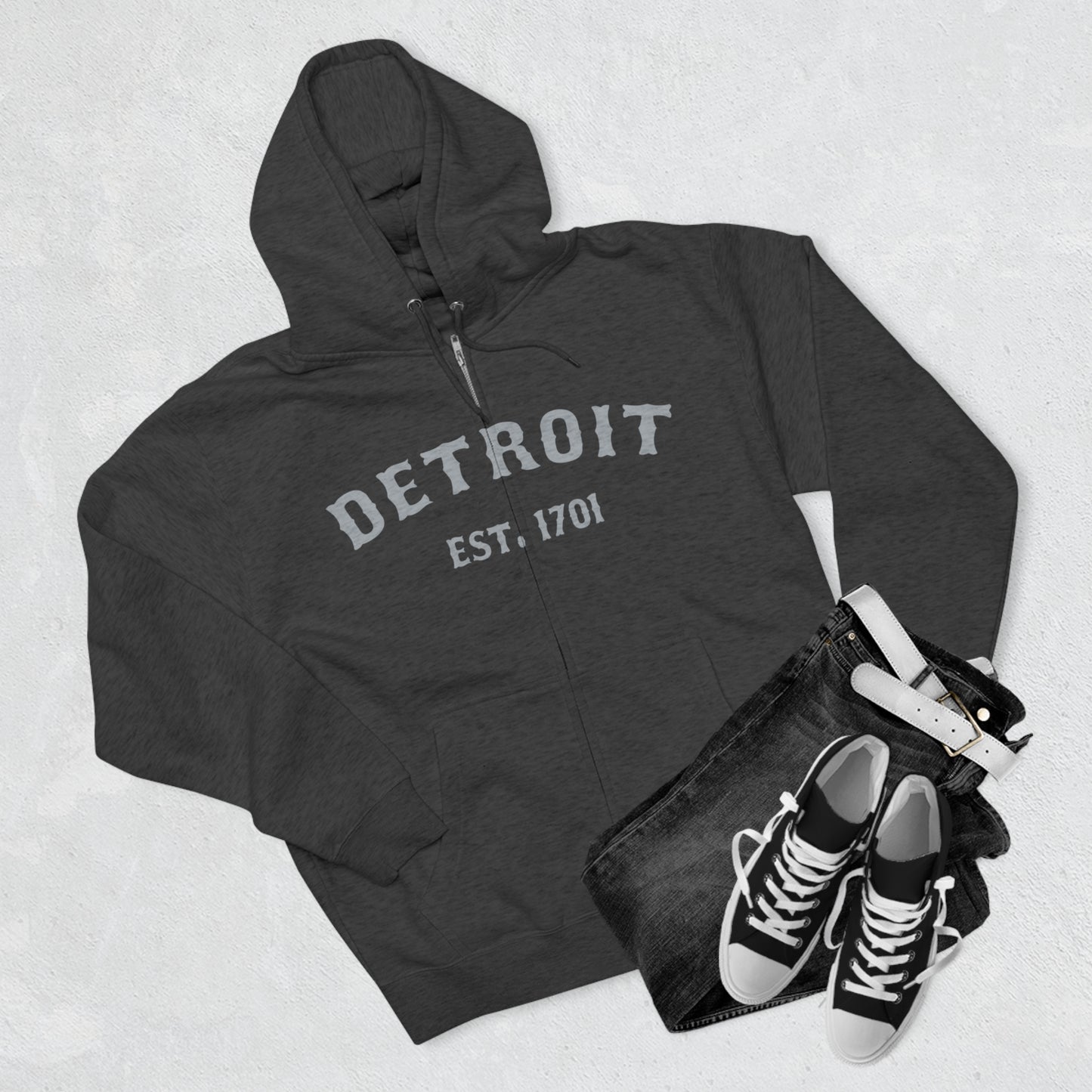 'Detroit EST. 1701' Hoodie (Silver Ballpark Font) | Unisex Full Zip