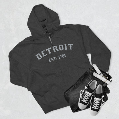 'Detroit EST. 1701' Hoodie (Silver Ballpark Font) | Unisex Full Zip