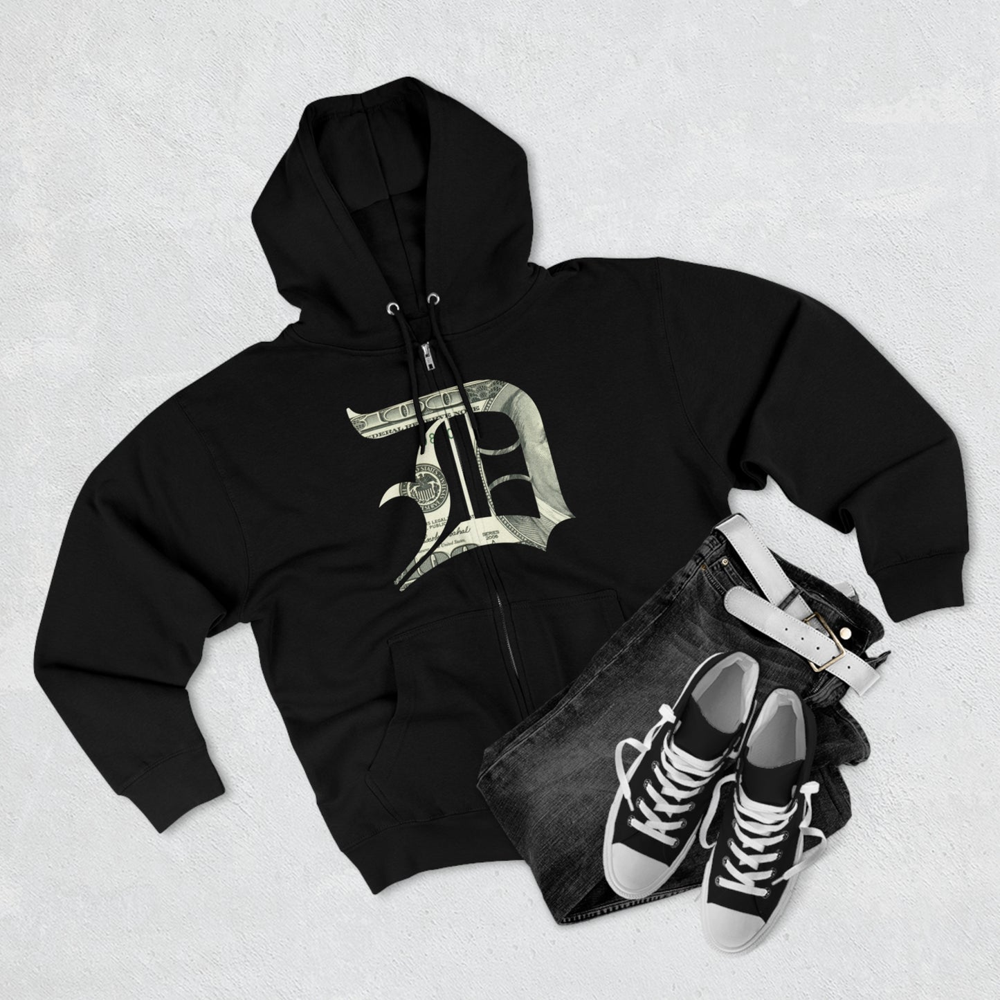 Detroit 'Old English D' Hoodie (Full-Body Benjamins Edition) | Unisex Full Zip