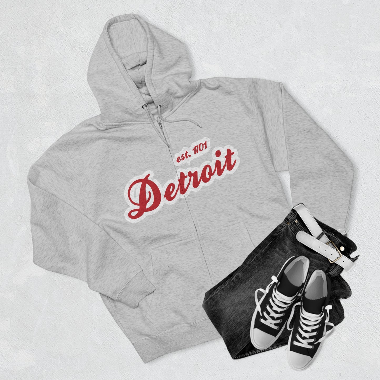 'Detroit EST 1701' Hoodie (Aliform Red Script Font) | Unisex Full Zip