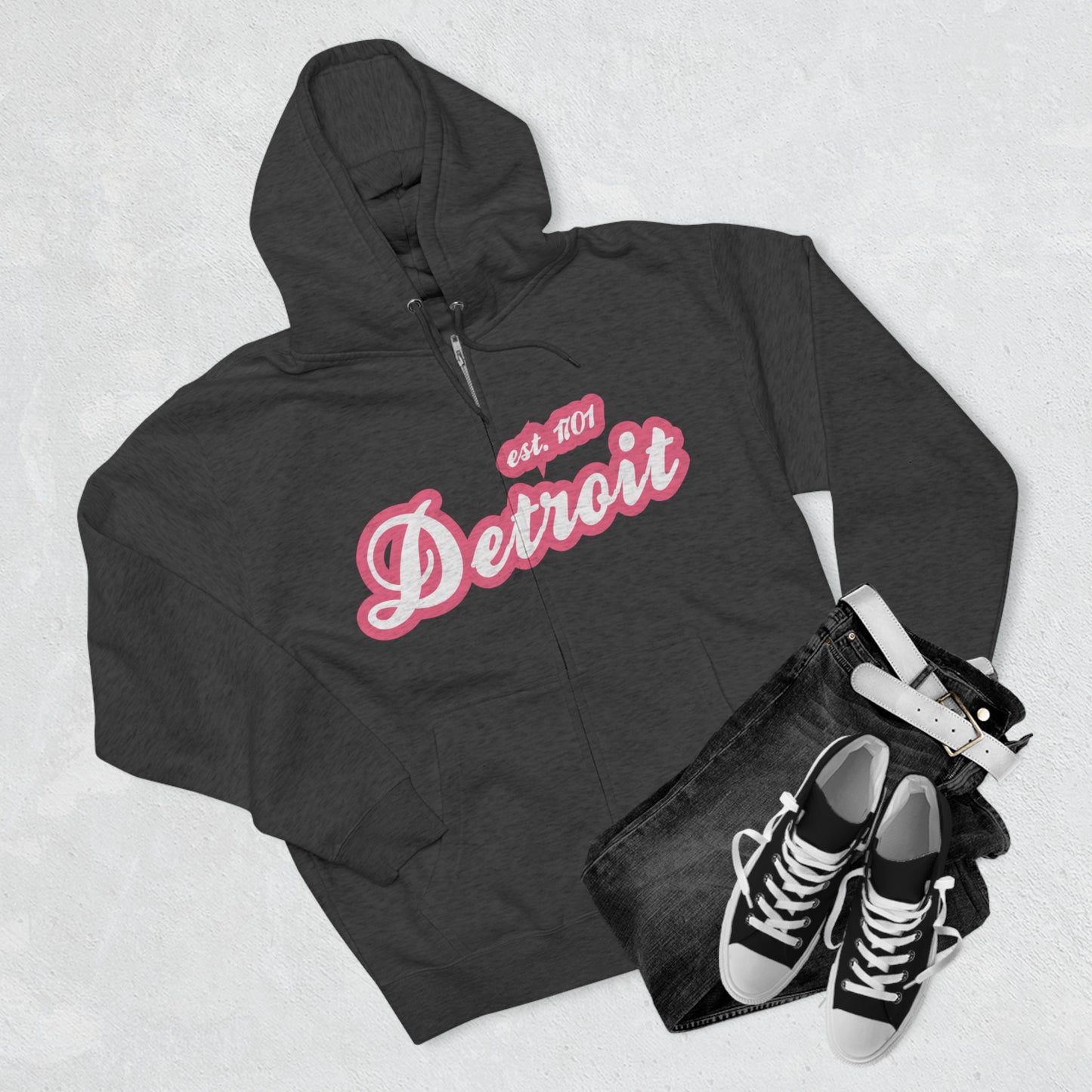 'Detroit EST 1701' Hoodie (Rhodochrosite Pink Script Font) | Unisex Full Zip