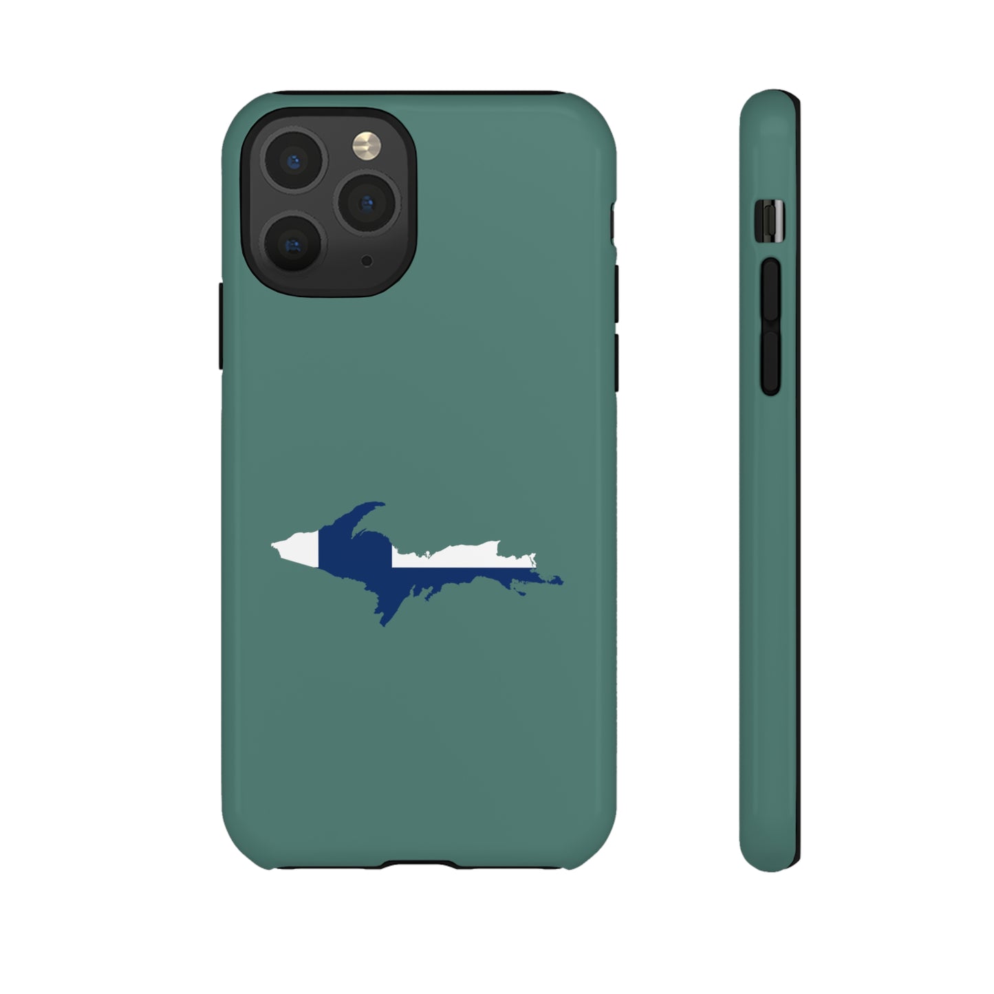 Michigan Upper Peninsula Tough Phone Case (Copper Green w/ UP Finland Flag Outline) | Apple iPhone