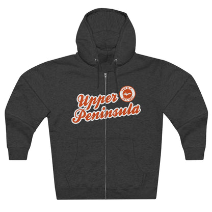 Upper Peninsula EST 1837' Hoodie (Maple Leaf Orange Script Font) | Unisex Full Zip