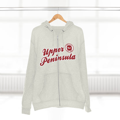 'Upper Peninsula EST 1837' Hoodie (Thimbleberry Red Script Font) | Unisex Full Zip