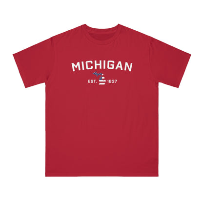 'Michigan EST 1837' T-Shirt (w/ MI USA Flag Outline)| Organic Unisex