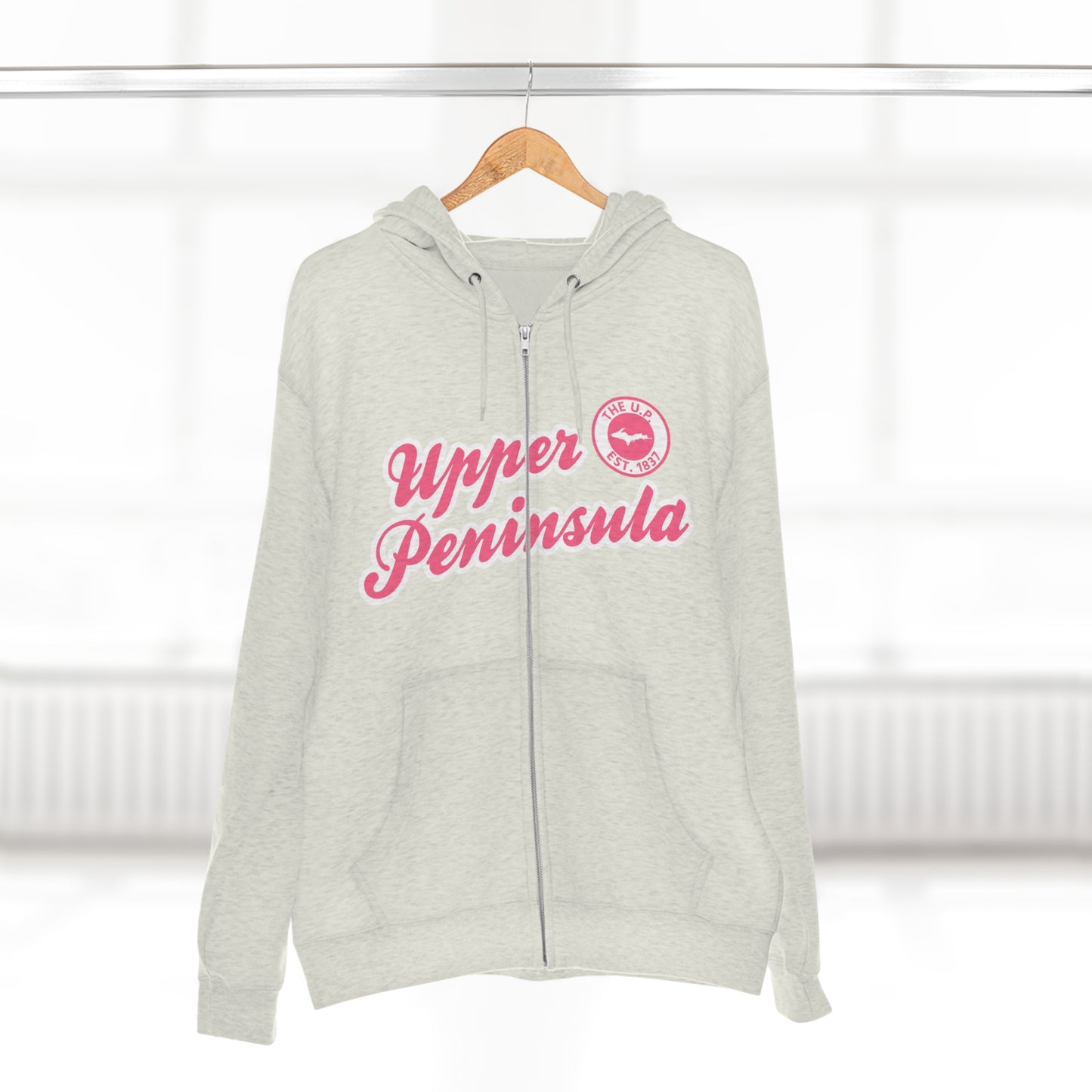 Upper Peninsula EST 1837' Hoodie (Rhodochrosite Pink Script Font) | Unisex Full Zip