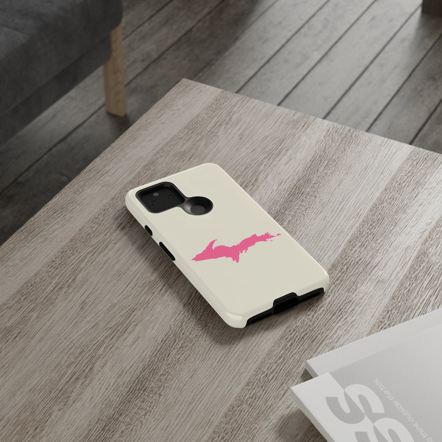 Michigan Upper Peninsula Tough Phone Case (Ivory Color w/ Pink UP Outline) | Samsung & Pixel Android