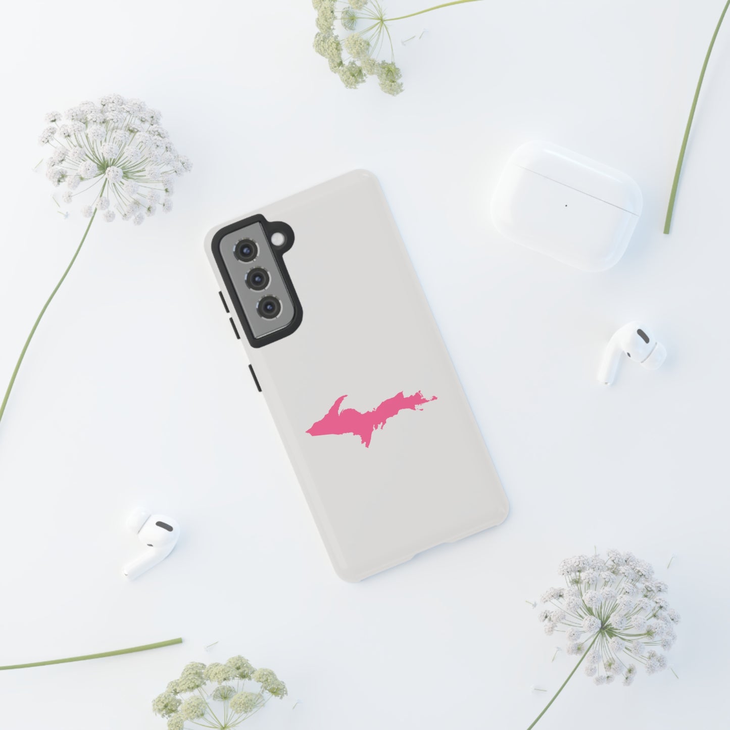 Michigan Upper Peninsula Tough Phone Case (Birch Bark White w/ Pink UP Outline) | Samsung & Pixel Android