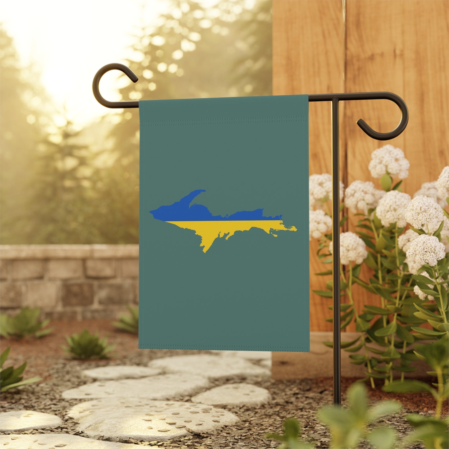 Michigan Upper Peninsula Home & Garden Flag (w/ UP Ukraine Flag) | Copper Green