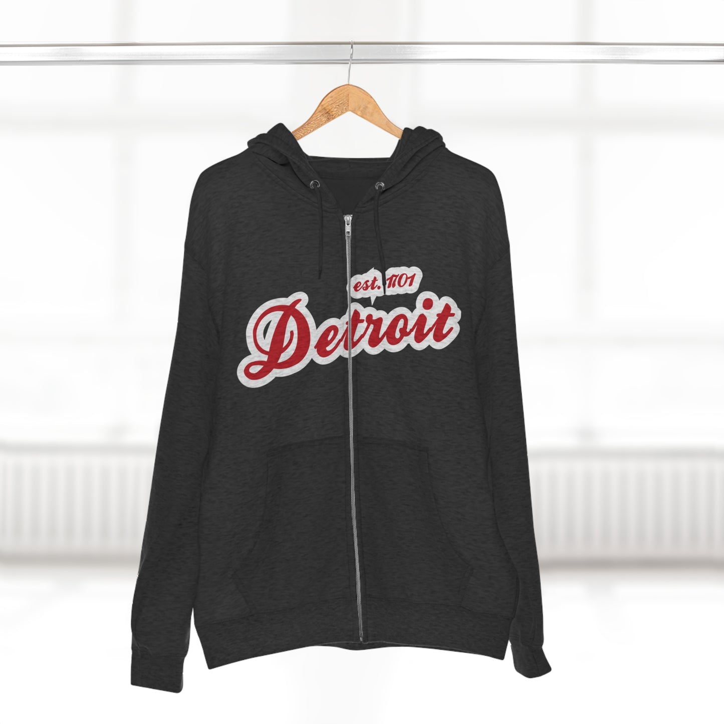 'Detroit EST 1701' Hoodie (Aliform Red Script Font) | Unisex Full Zip