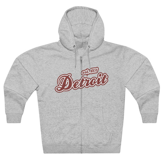 'Detroit EST 1701' Hoodie (Ore Dock Red Script Font) | Unisex Full Zip