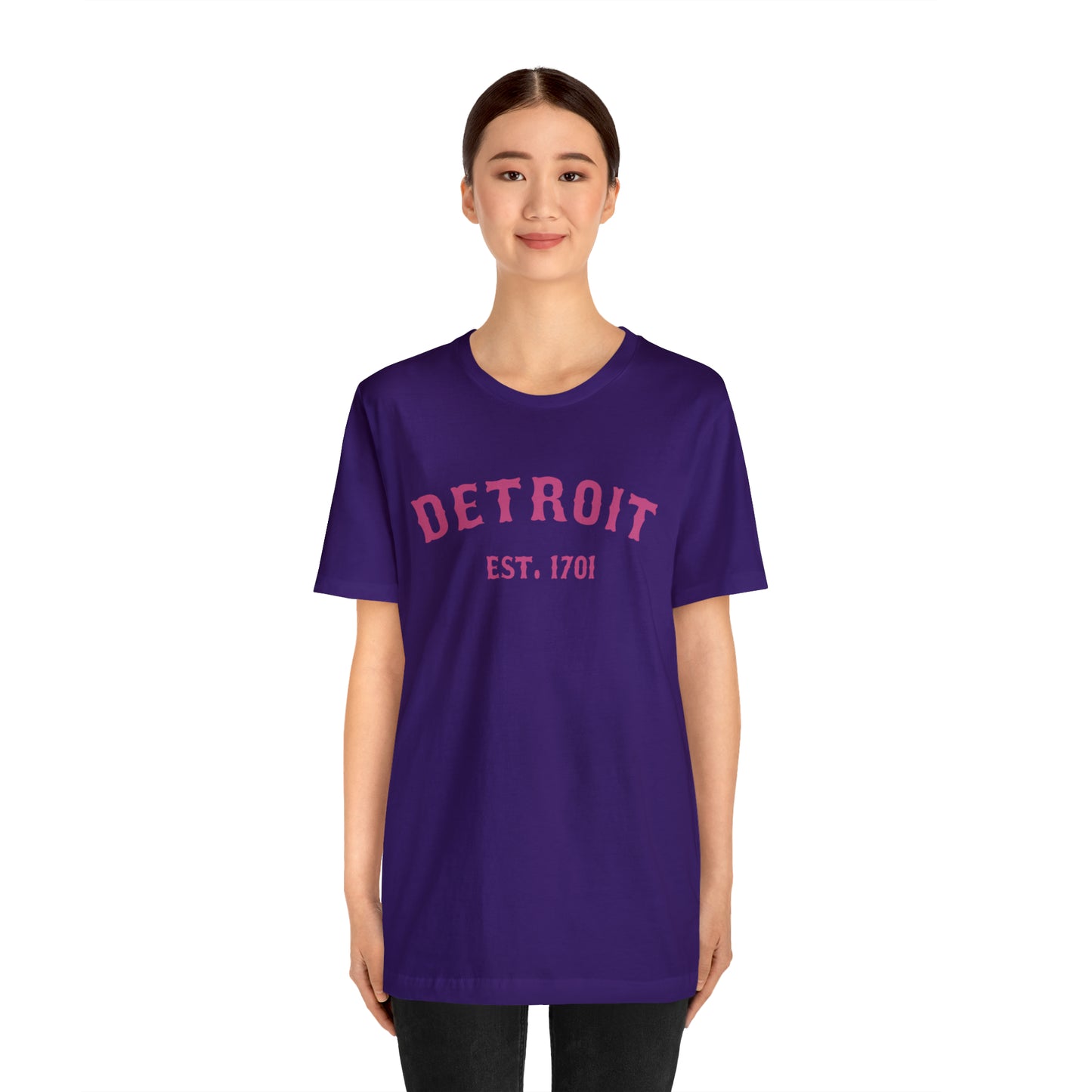 'Detroit EST. 1701' T-Shirt (Apple Blossom Pink Ballpark Font) | Unisex Standard