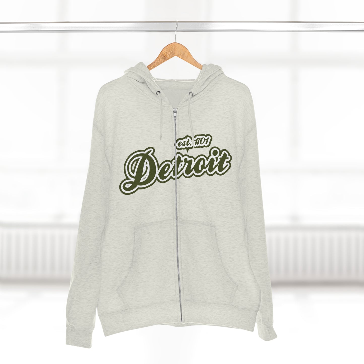 'Detroit EST 1701' Hoodie (Army Green Script Font) | Unisex Full Zip