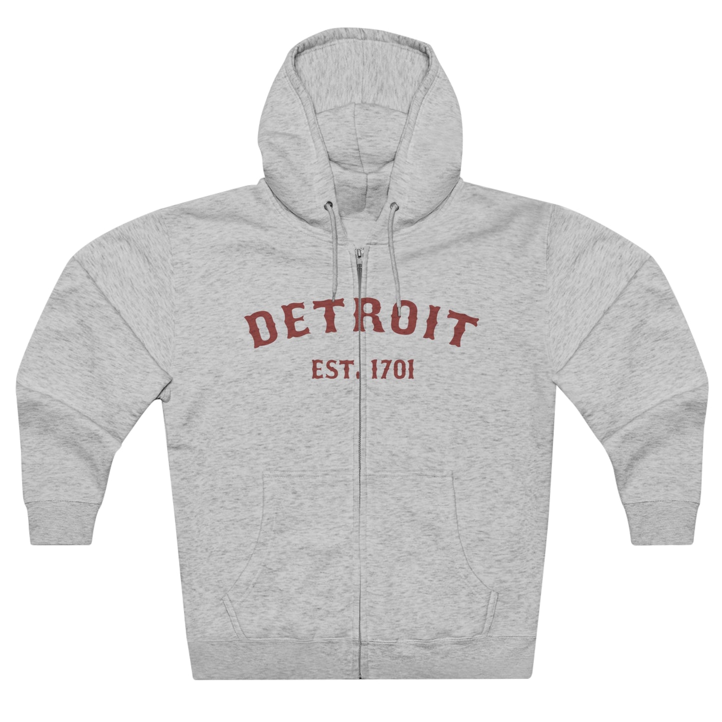 'Detroit EST. 1701' Hoodie (Ore Dock Red Ballpark Font) | Unisex Full Zip