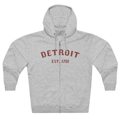 'Detroit EST. 1701' Hoodie (Ore Dock Red Ballpark Font) | Unisex Full Zip