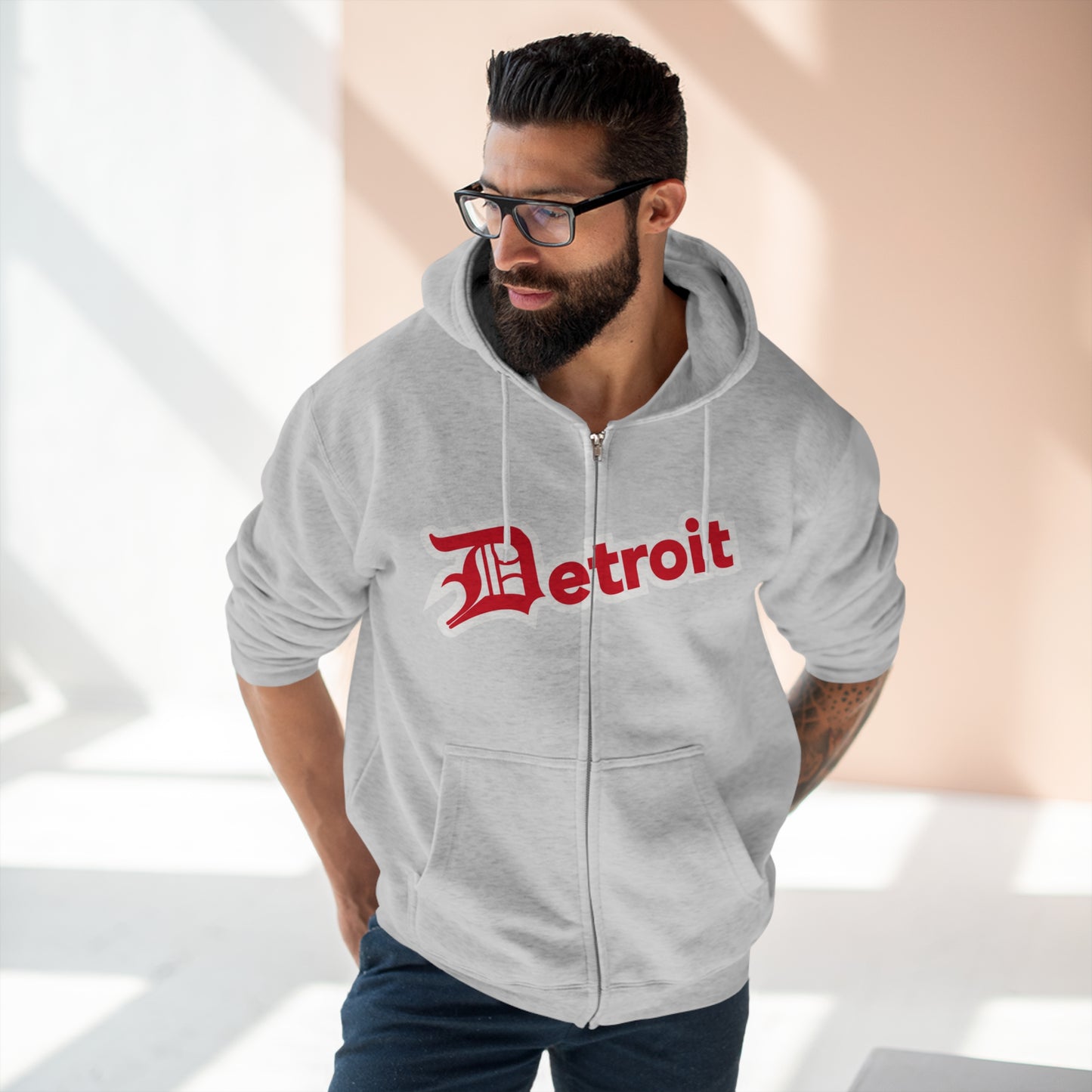 'Detroit' Hoodie (Aliform Red w/ Old English 'D') | Unisex Full Zip