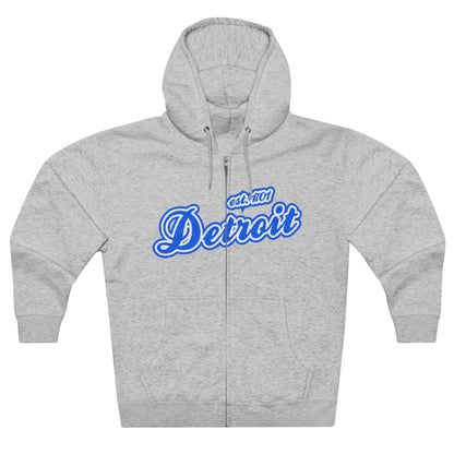 'Detroit EST 1701' Hoodie (Motor Town Blue Script Font) | Unisex Full Zip