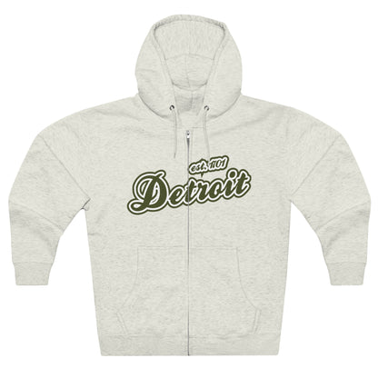 'Detroit EST 1701' Hoodie (Army Green Script Font) | Unisex Full Zip