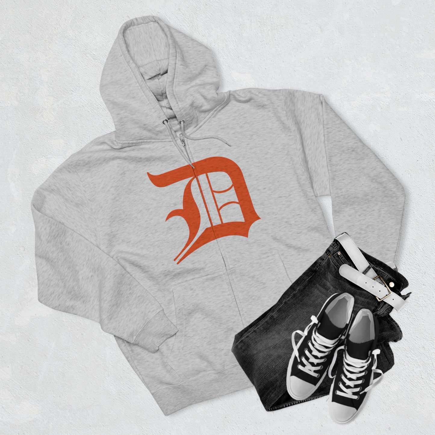 Detroit 'Old English D' Hoodie (Full-Body Maple Leaf Orange) | Unisex Full Zip