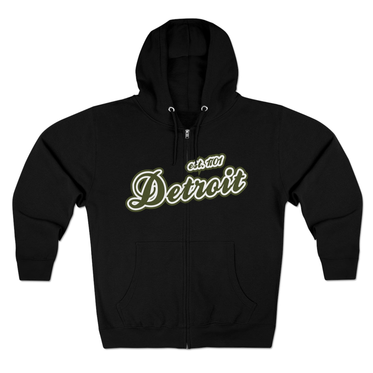 'Detroit EST 1701' Hoodie (Army Green Script Font) | Unisex Full Zip