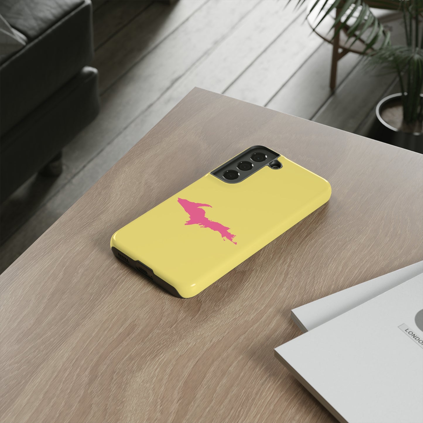 Michigan Upper Peninsula Tough Phone Case (Yellow Cherry Color w/ Pink UP Outline) | Samsung & Pixel Android