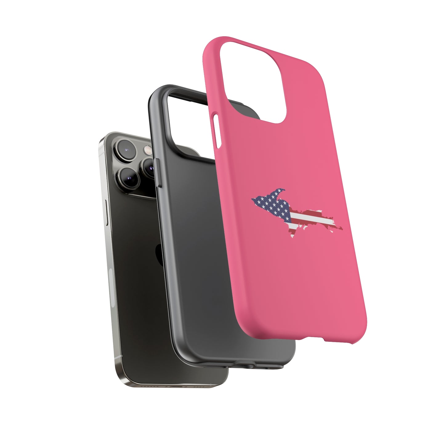 Michigan Upper Peninsula Tough Phone Case (Rhodochrosite Pink w/ UP USA Flag Outline) | Apple iPhone