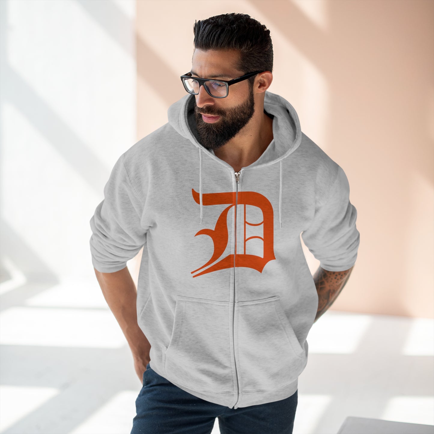 Detroit 'Old English D' Hoodie (Full-Body Maple Leaf Orange) | Unisex Full Zip