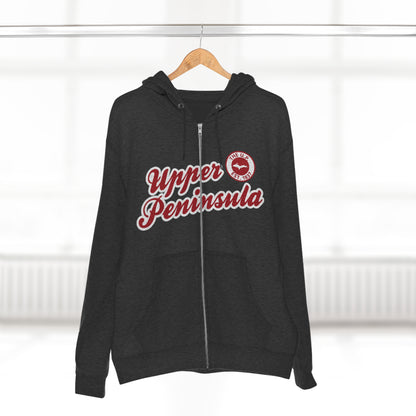 'Upper Peninsula EST 1837' Hoodie (Thimbleberry Red Script Font) | Unisex Full Zip