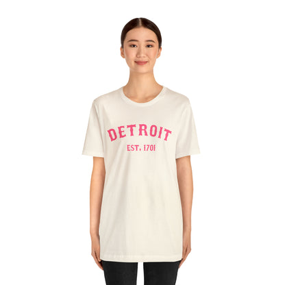 'Detroit EST. 1701' T-Shirt (Rhodochrosite Pink Ballpark Font) | Unisex Standard