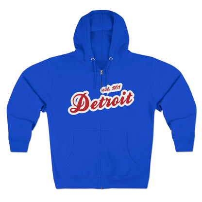 'Detroit EST 1701' Hoodie (Aliform Red Script Font) | Unisex Full Zip