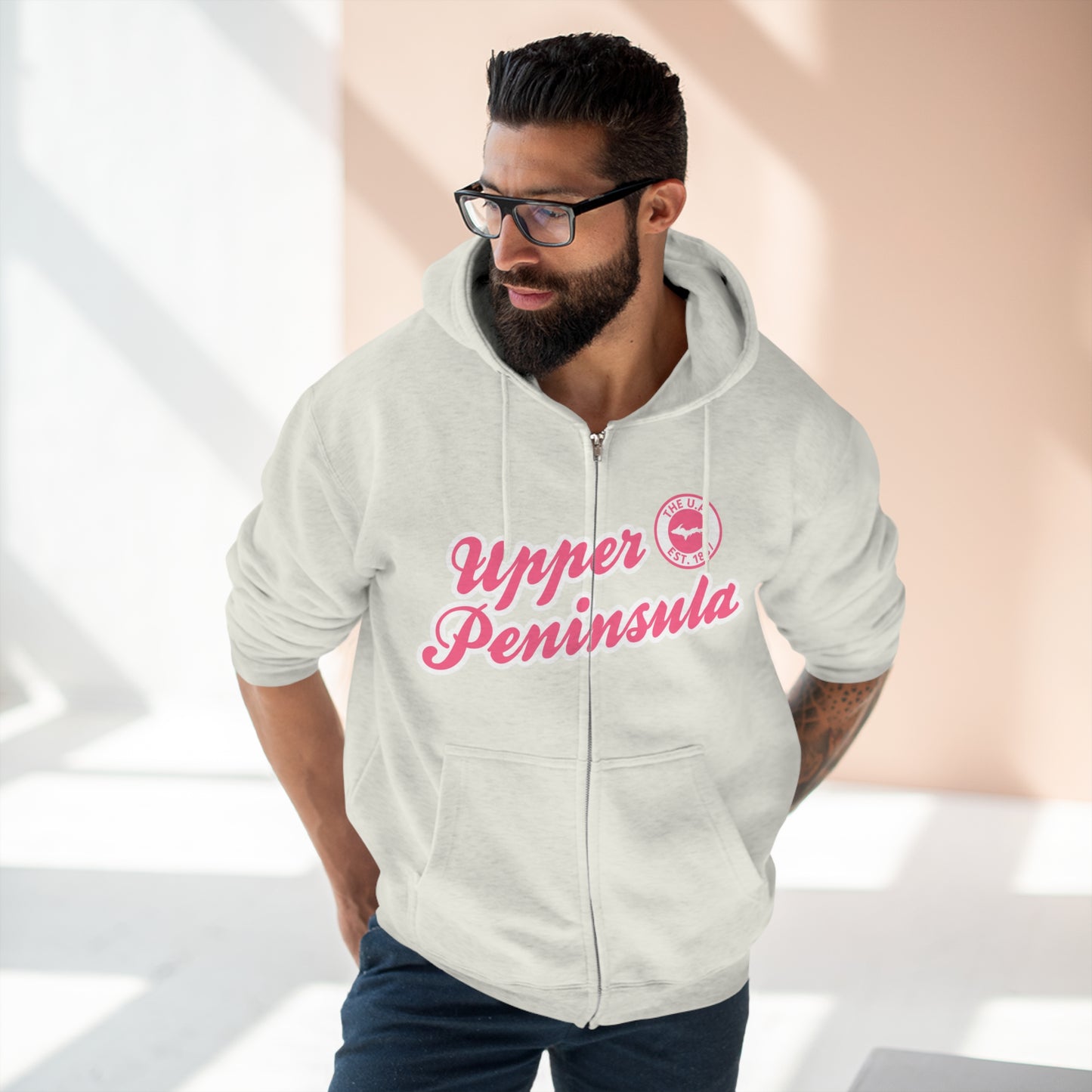 Upper Peninsula EST 1837' Hoodie (Rhodochrosite Pink Script Font) | Unisex Full Zip