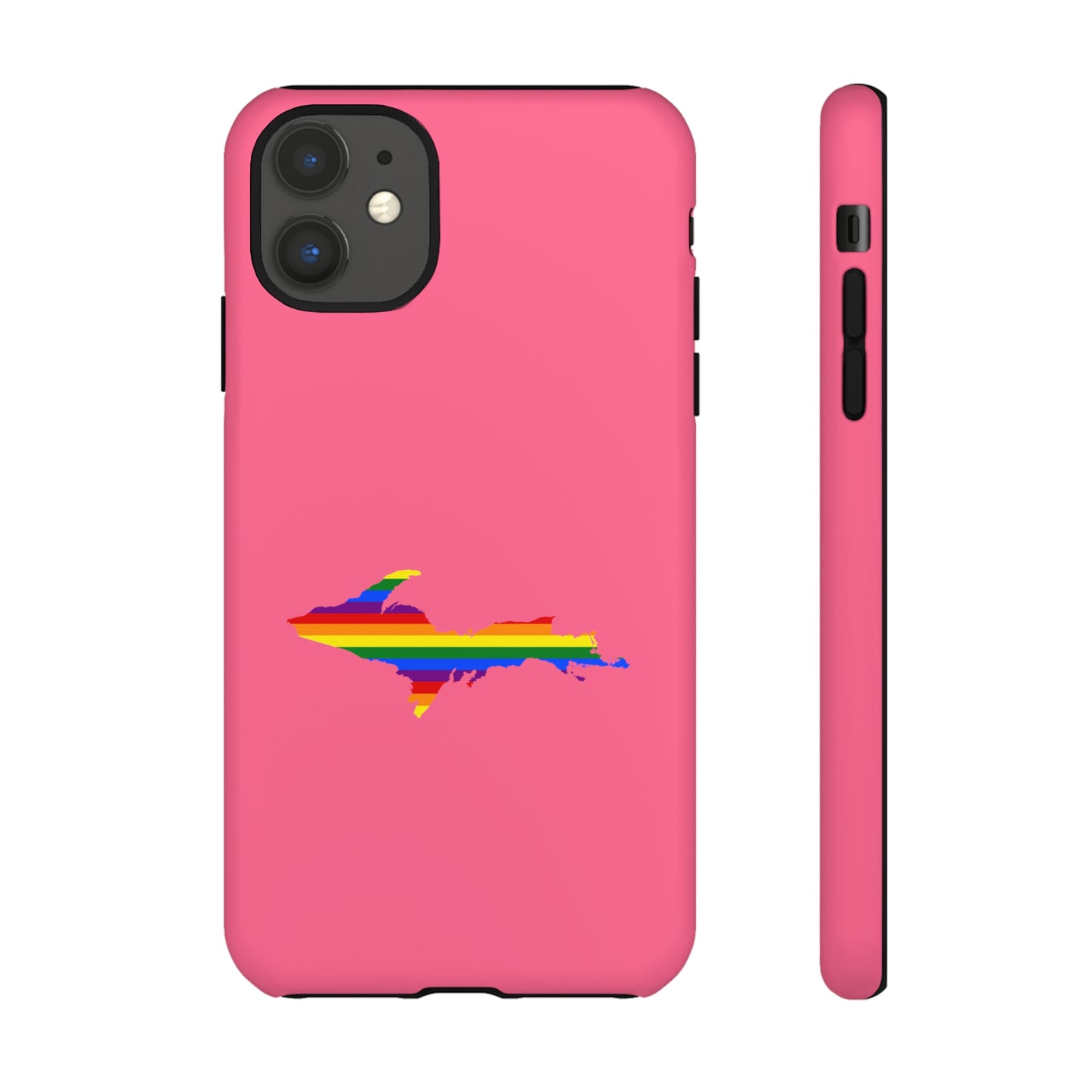 Michigan Upper Peninsula Tough Phone Case (Rhodochrosite Pink w/ UP Pride Flag Outline) | Apple iPhone