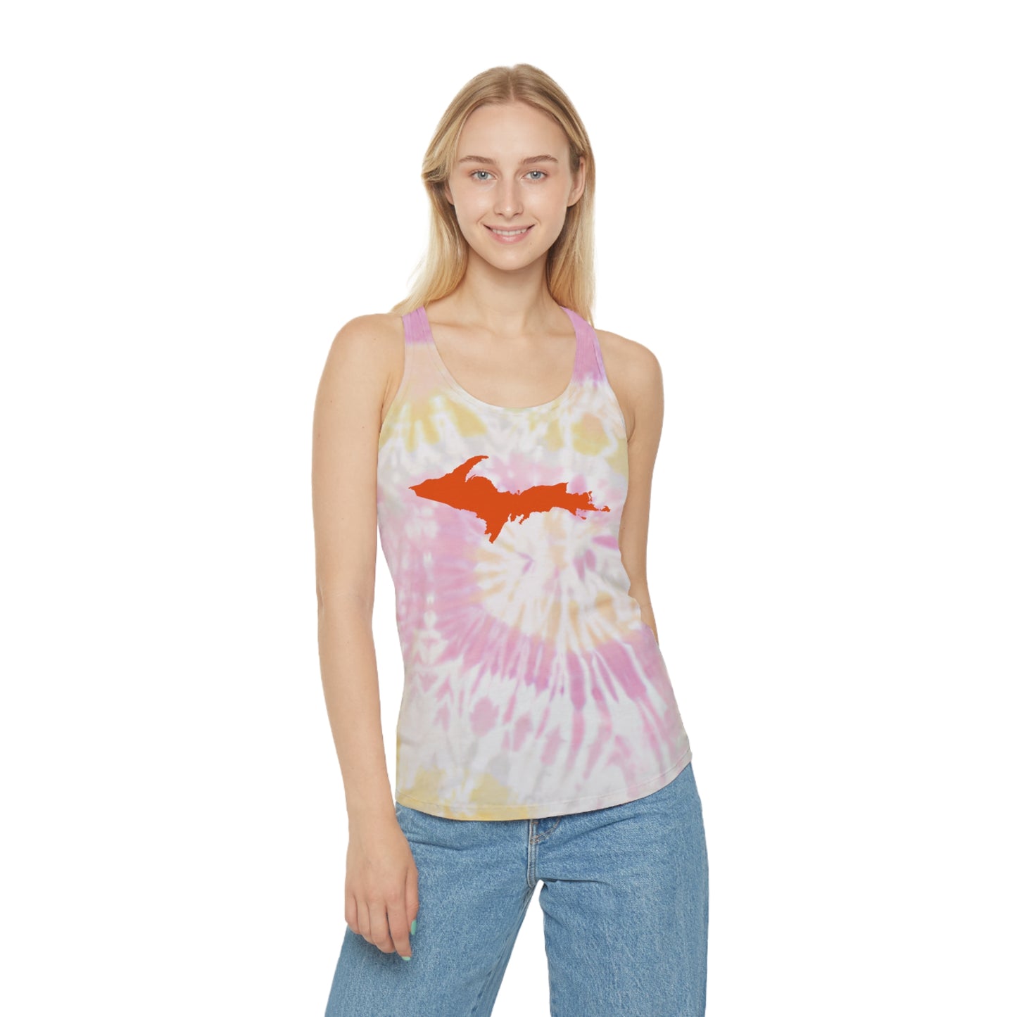 Michigan Upper Peninsula Tank Top (w/ Orange UP Outline) | Tie-Dye Racerback