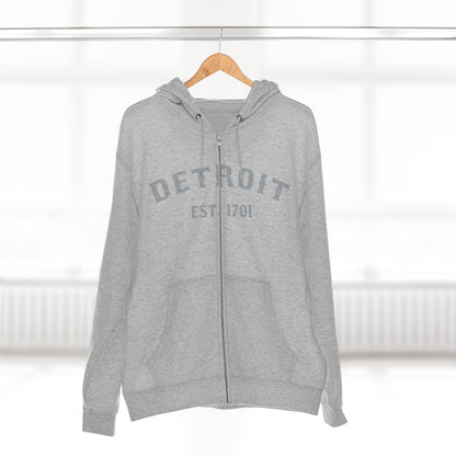 'Detroit EST. 1701' Hoodie (Silver Ballpark Font) | Unisex Full Zip