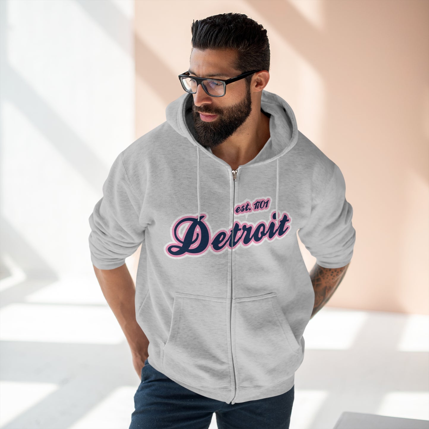 'Detroit EST 1701' Hoodie (Navy/Pink Script Font) | Unisex Full Zip