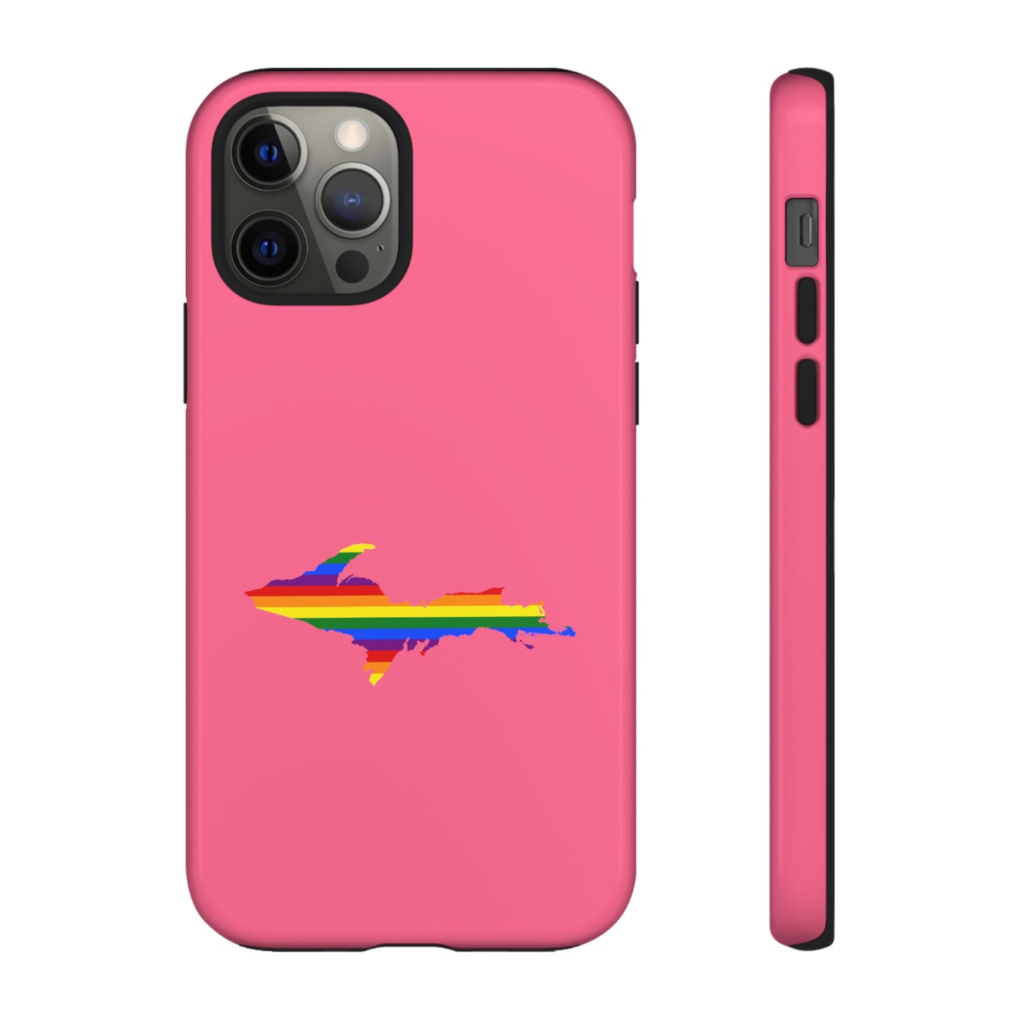 Michigan Upper Peninsula Tough Phone Case (Rhodochrosite Pink w/ UP Pride Flag Outline) | Apple iPhone