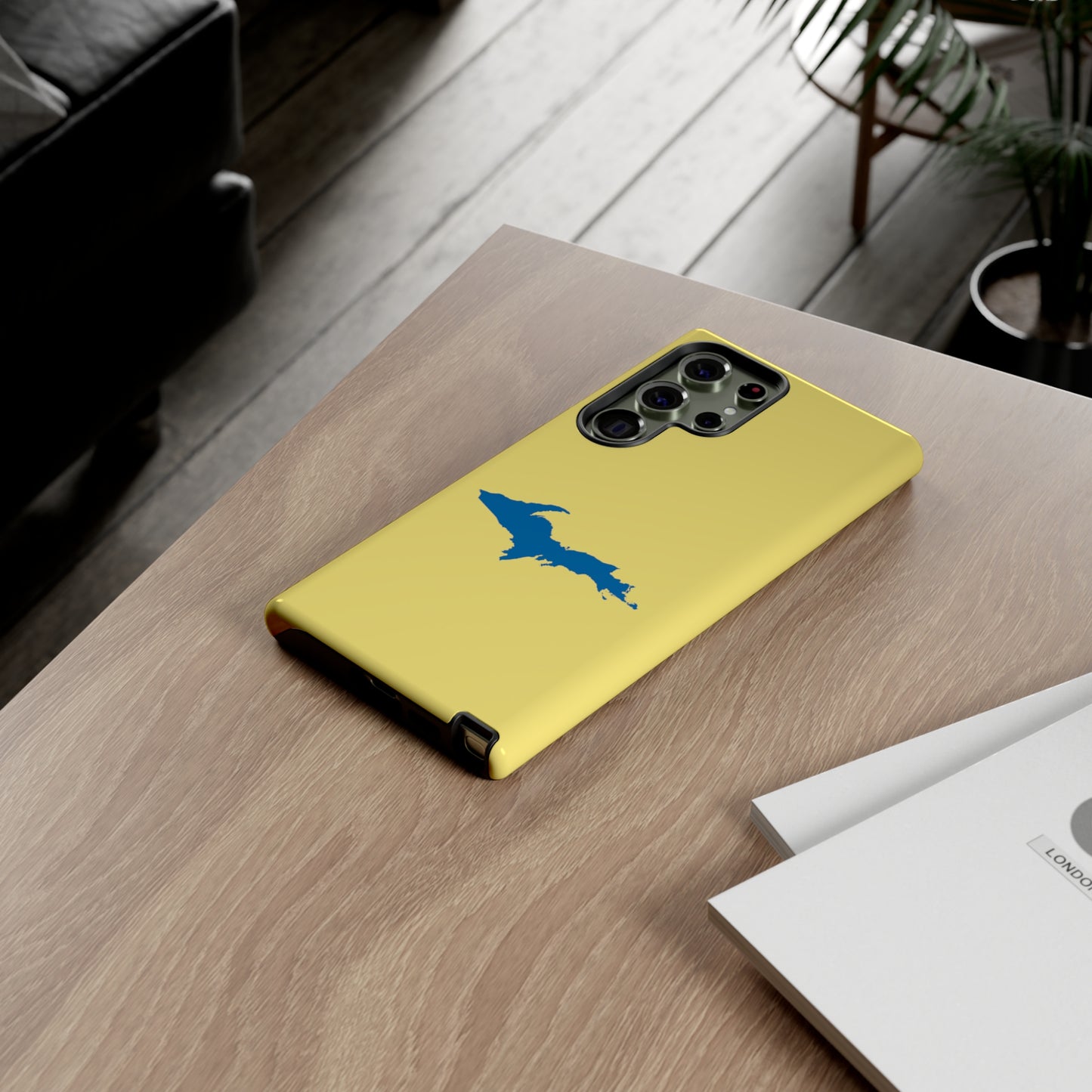 Michigan Upper Peninsula Tough Phone Case (Yellow Cherry w/ Azure UP Outline) | Samsung & Pixel Android