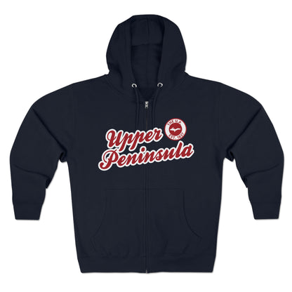 'Upper Peninsula EST 1837' Hoodie (Thimbleberry Red Script Font) | Unisex Full Zip