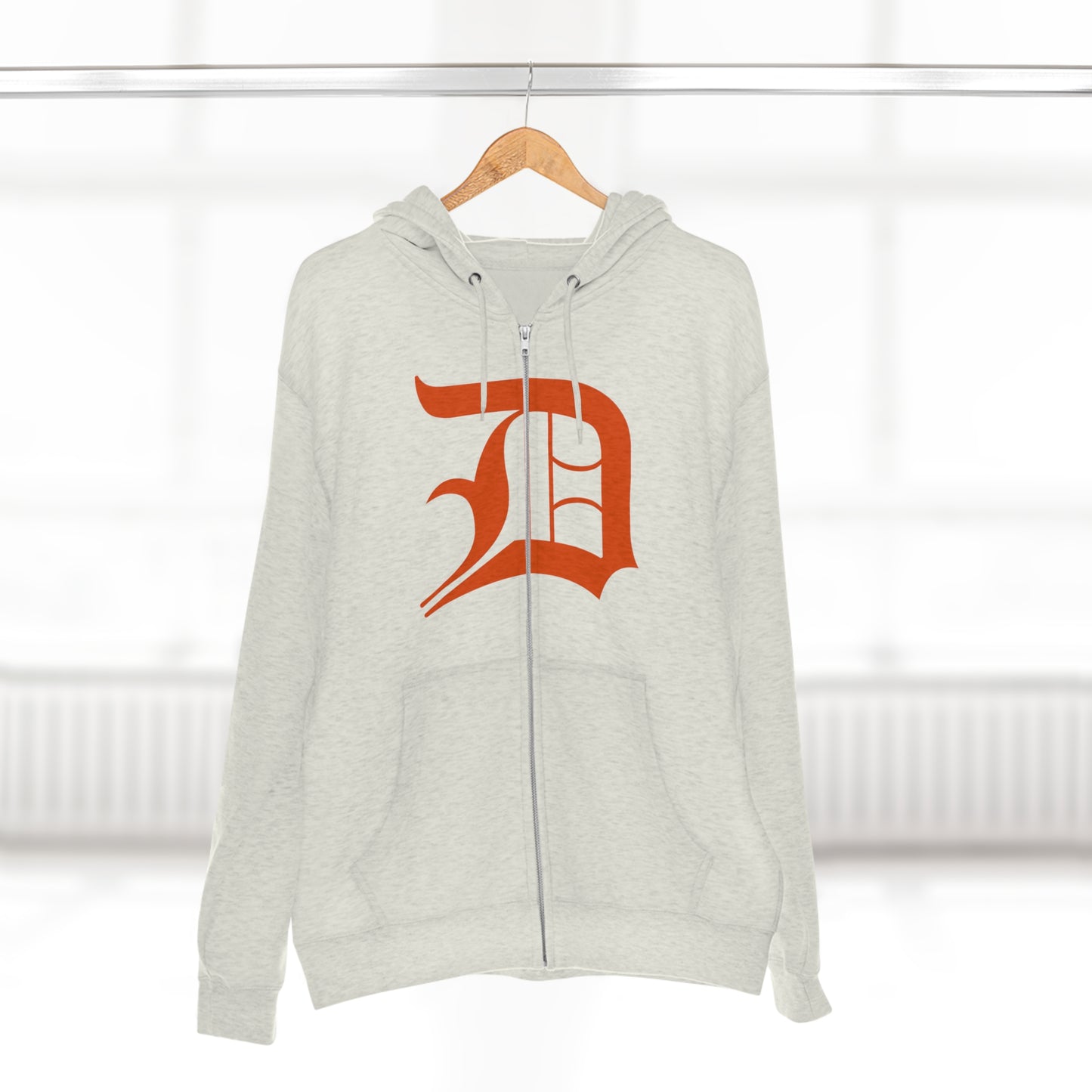 Detroit 'Old English D' Hoodie (Full-Body Maple Leaf Orange) | Unisex Full Zip