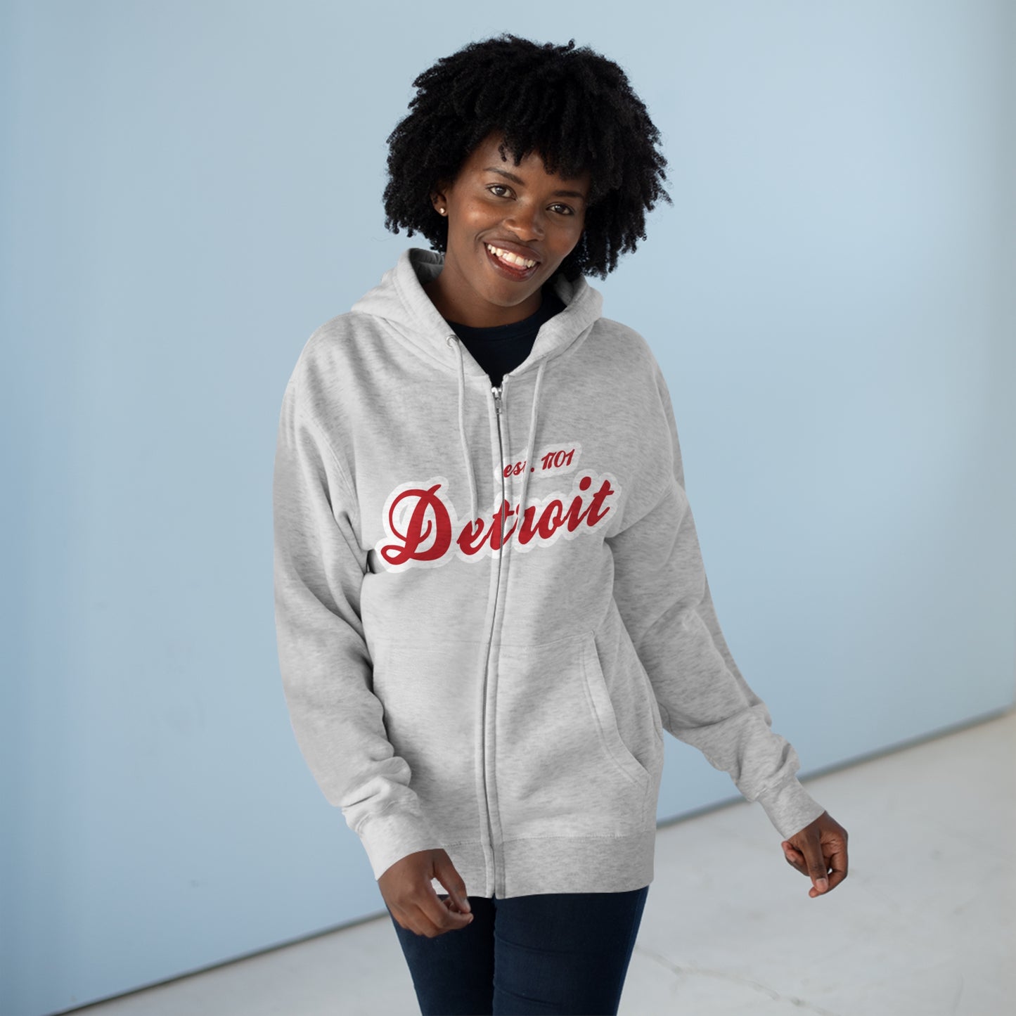 'Detroit EST 1701' Hoodie (Aliform Red Script Font) | Unisex Full Zip