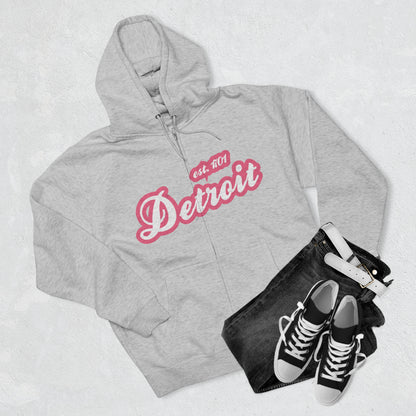 'Detroit EST 1701' Hoodie (Rhodochrosite Pink Script Font) | Unisex Full Zip