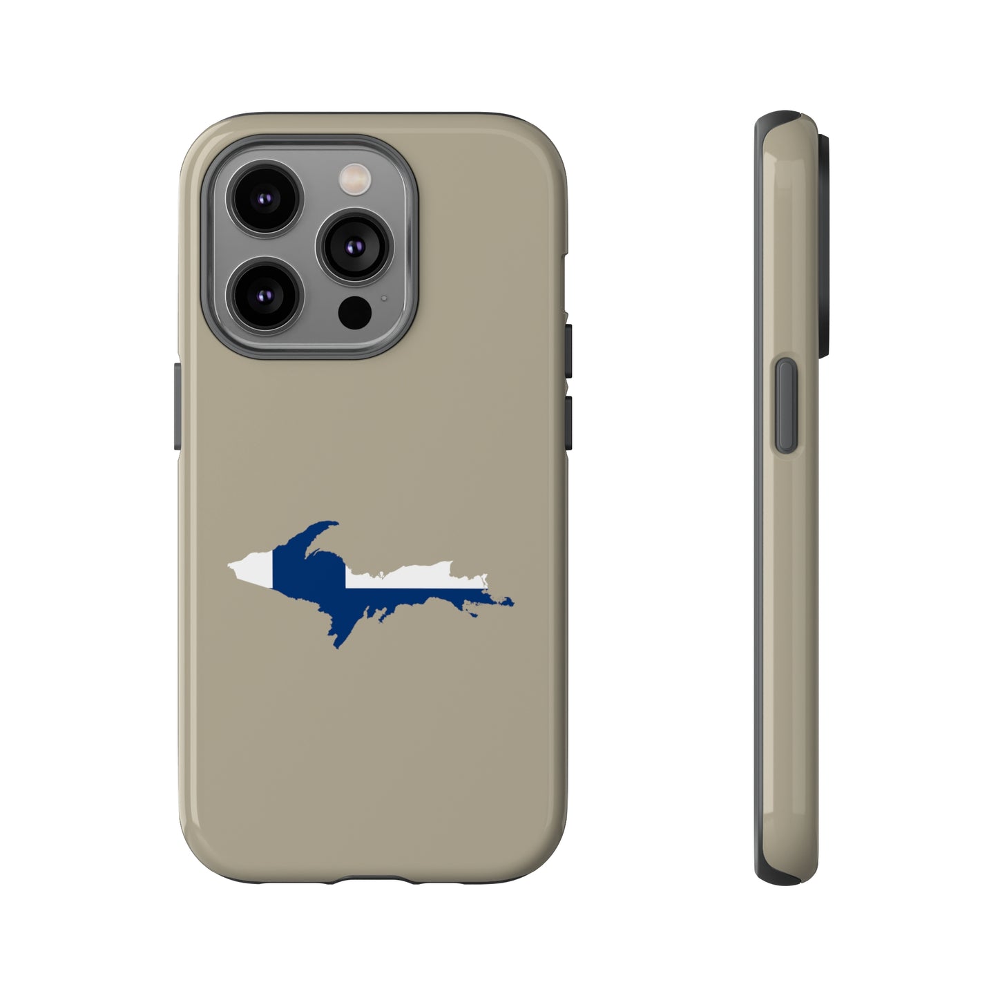 Michigan Upper Peninsula Tough Phone Case (Petoskey Stone Beige w/ UP Finland Flag Outline) | Apple iPhone